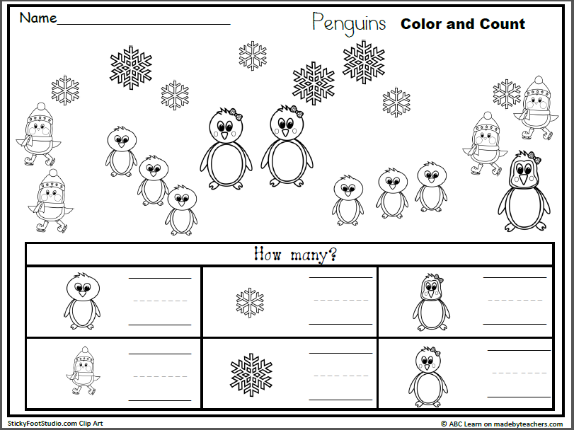 Penguin Color and Count Worksheet for Kindergarten | Made By Teachers