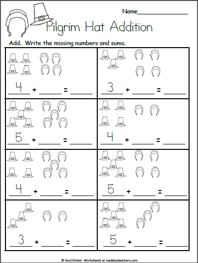 Free Kindergarten Worksheets for Thanksgiving - Addition ...