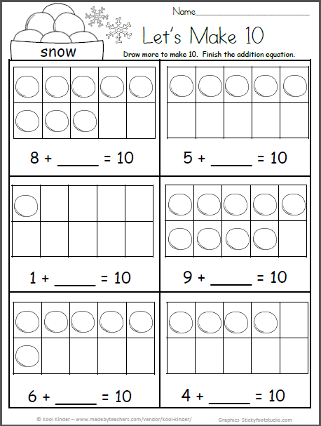 Free Kindergarten Math Worksheets for Winter - Snowball 10 Frames | Made By  Teachers
