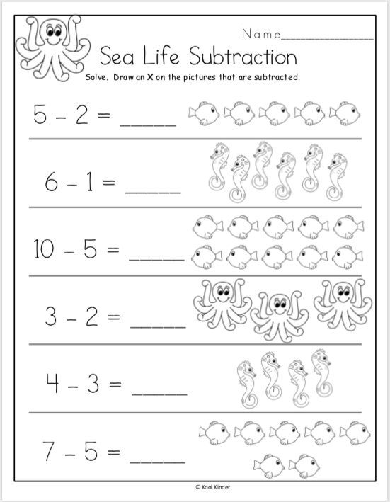 free sea life subtraction worksheets for kindergarten