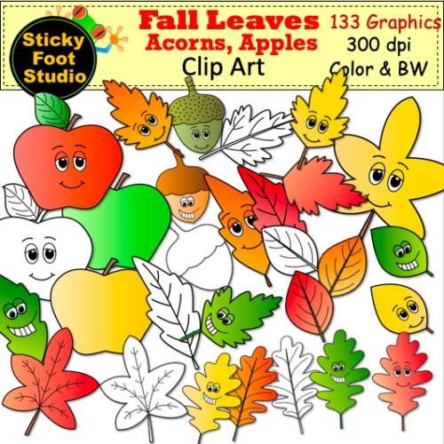 Fall Leaves Acorns Apples Clip Art - 134 Graphics - BW and Color | Made