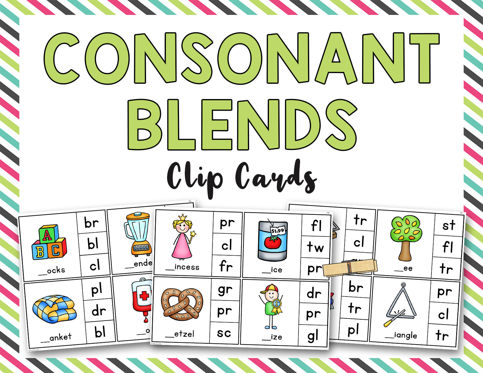 Consonant Blends Clip It Cards BL BR CL CR Madebyteachers