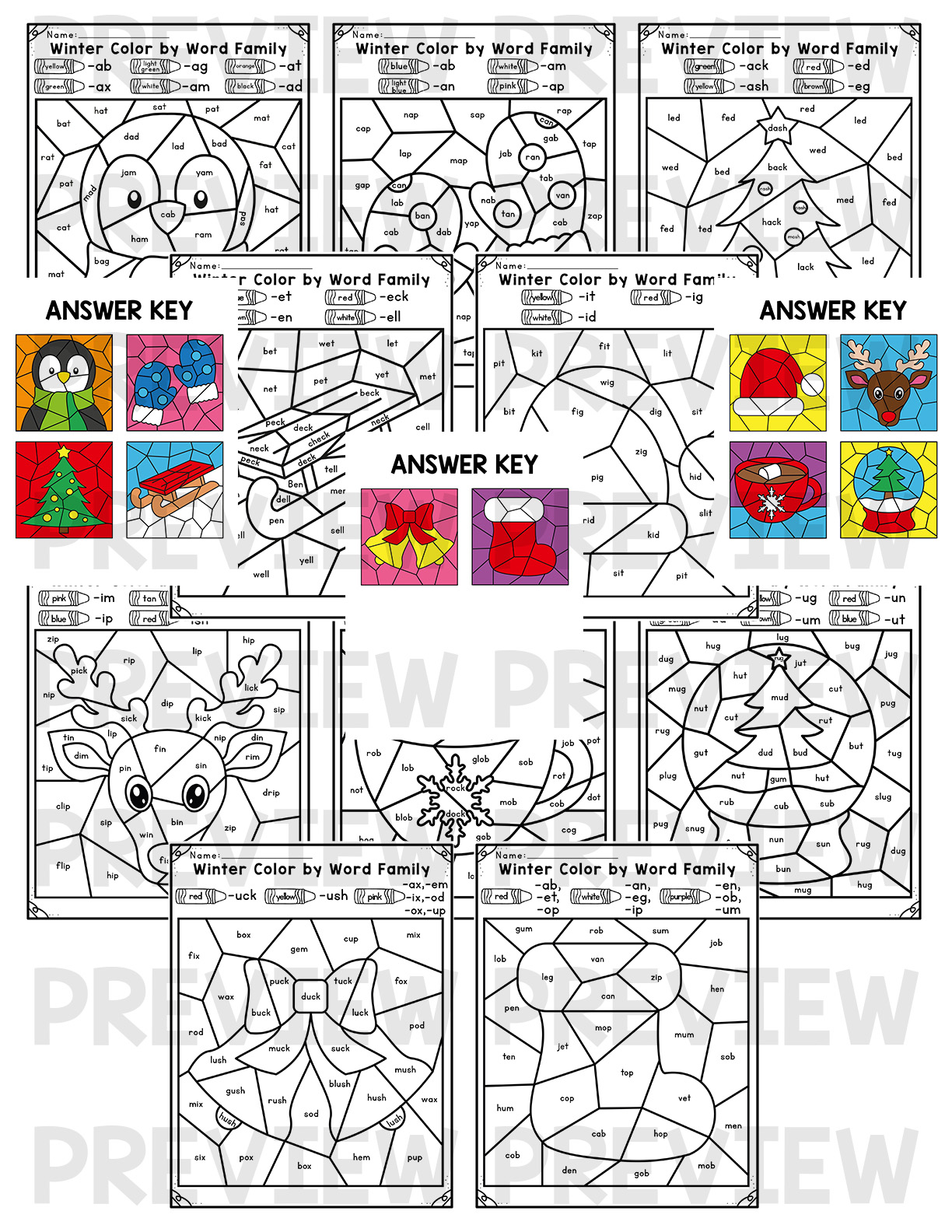 Winter and Christmas Color by Word Family - Made By Teachers