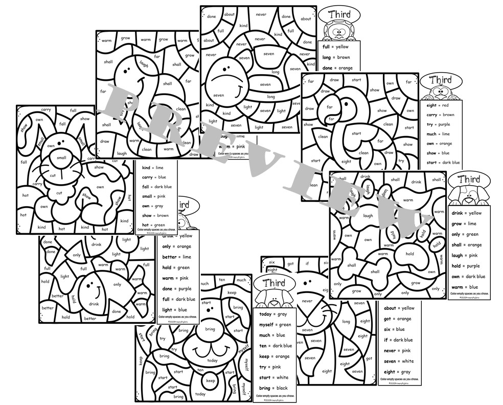 Color by sight words first grade second grade third grade pets bundle