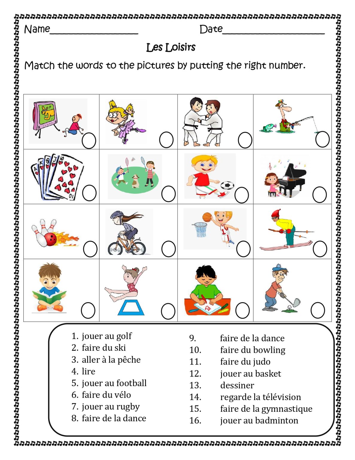 Les Loisirs French Free Time Activities Worksheets For Distance 
