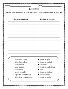 Les Loisirs (French Free-Time activities) worksheets for distance ...