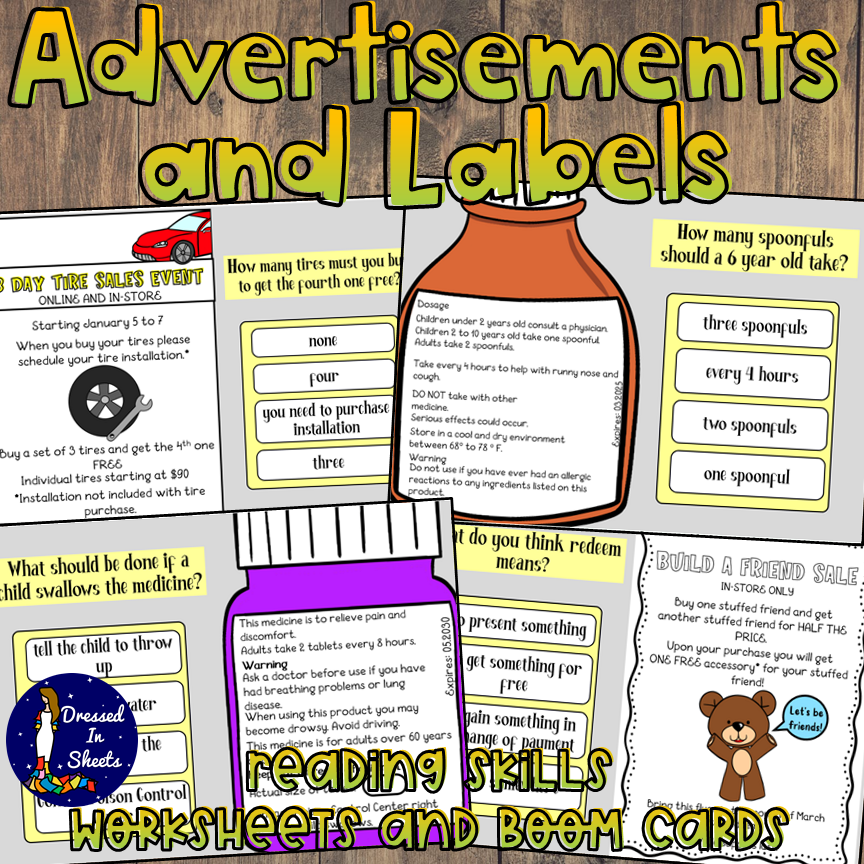 Reading Skills Advertisements and Labels Worksheets and BOOM Cards