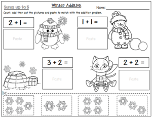 Winter Addition Cut and Paste---Sums up to 10 | Made By Teachers
