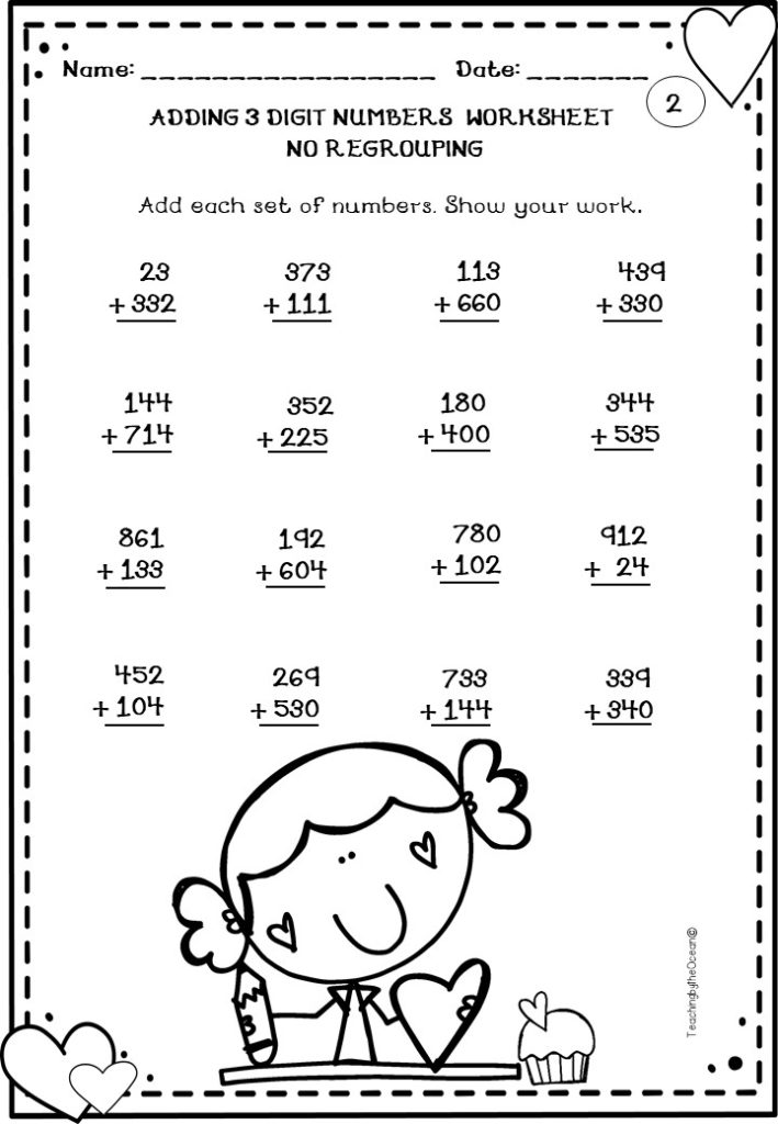 Adding 3 Digit Numbers Worksheets - Valentine's Day Themed - Made By ...