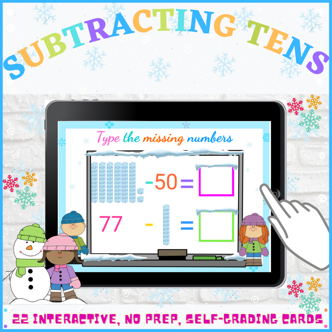 Place Value: Subtracting Tens Winter Math Boom Cards