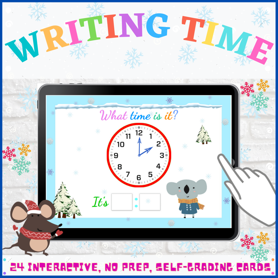 Writing Time (hour and half-hour) Winter Math Boom Cards Distance Learning