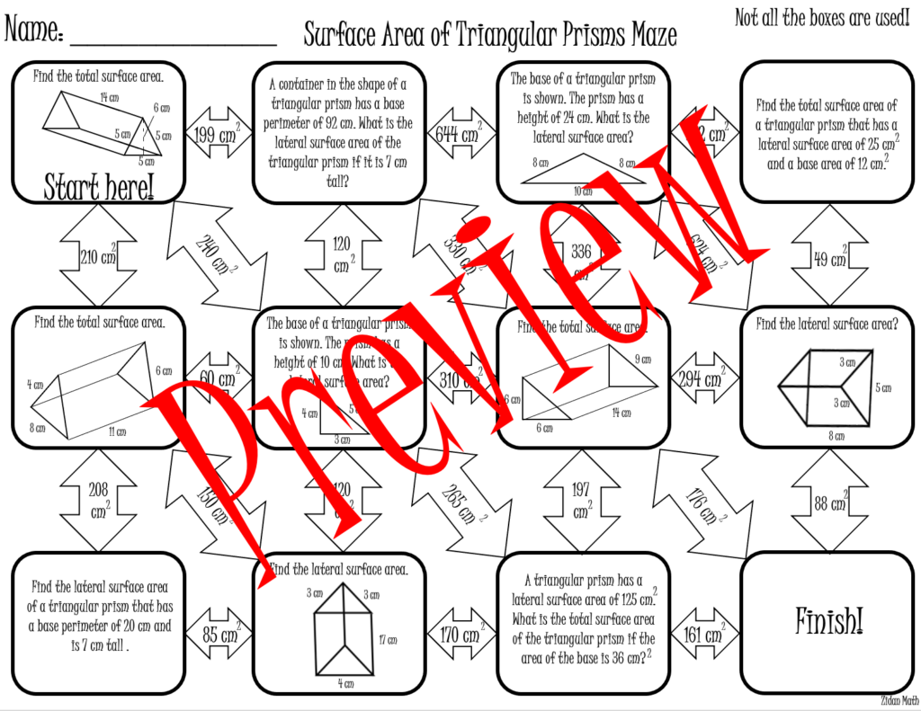 Surface area of Cylinders, Triangular and Rectangular Prisms Maze
