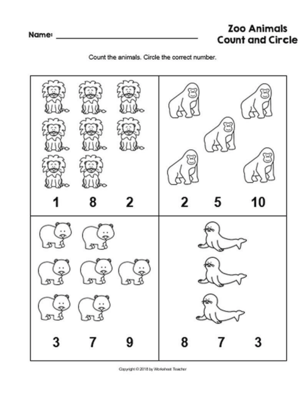 4 Printable Zoo Animals Count and Circle Numbers 0-10 Worksheets - Made