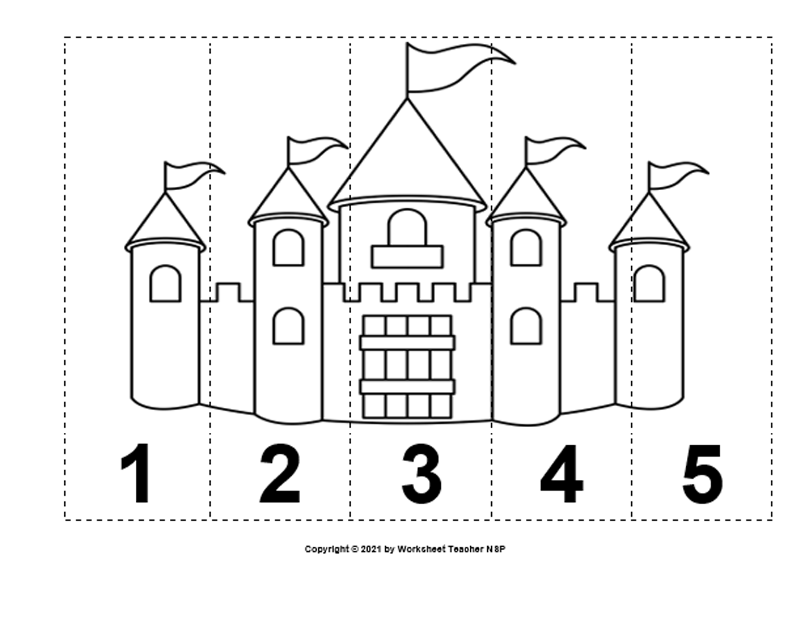 5 Fairy Tale Number Sequence 1-5 Preschool Math B&W Picture Puzzles