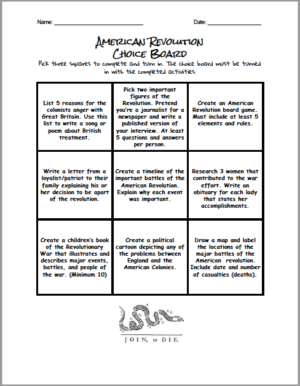 American Revolution Choice Board | Made By Teachers