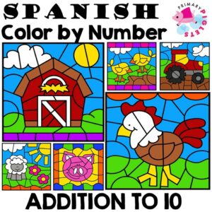 Spanish Color by Number Addition to 10 Farm Theme