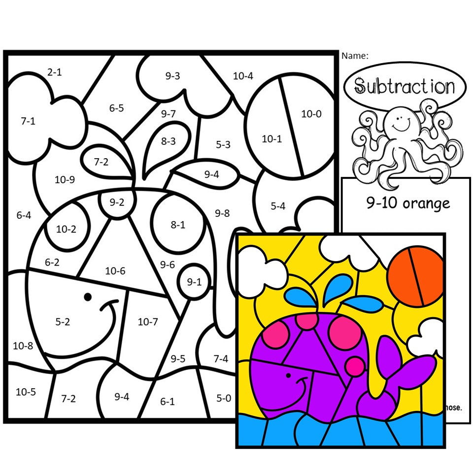 summer color by number subtraction to 10 ocean made by teachers
