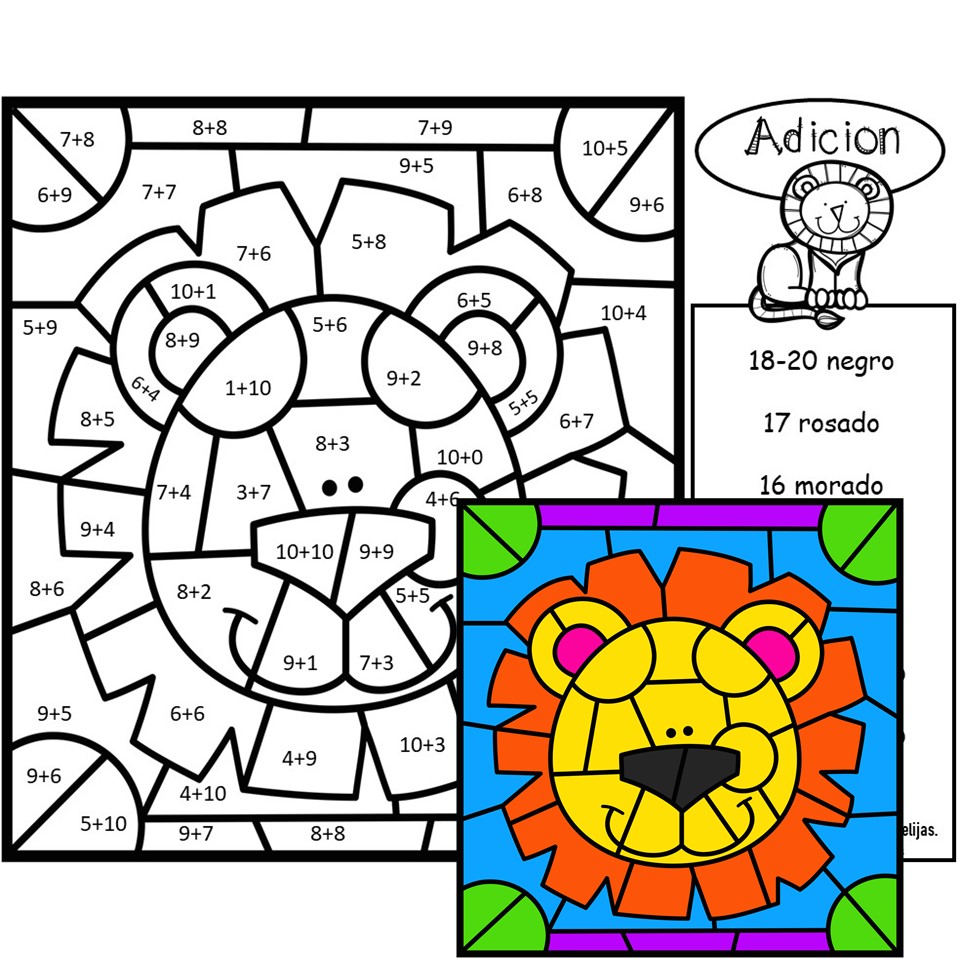 Spanish Color by Number Addition Safari Zoo Made By Teachers