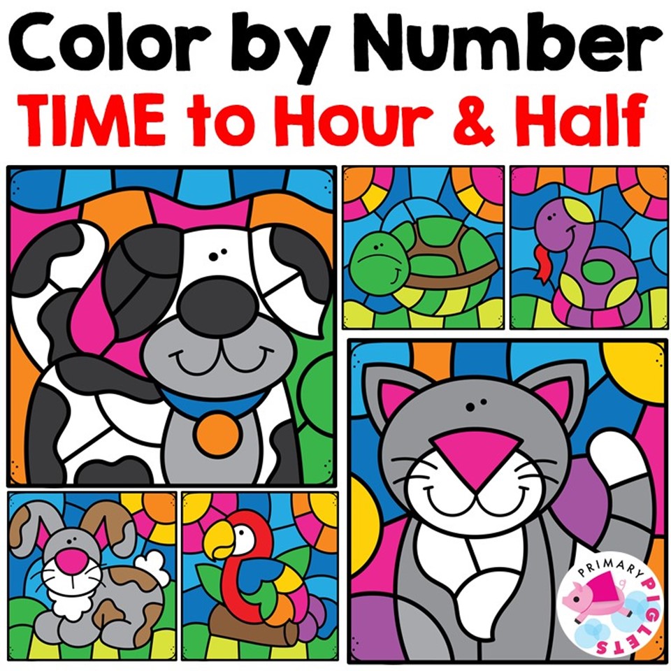 Telling Time Color by Number Pets Theme
