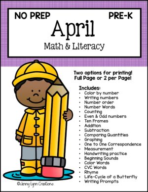 Preschool April Math and Literacy Workbook Printable PDF file