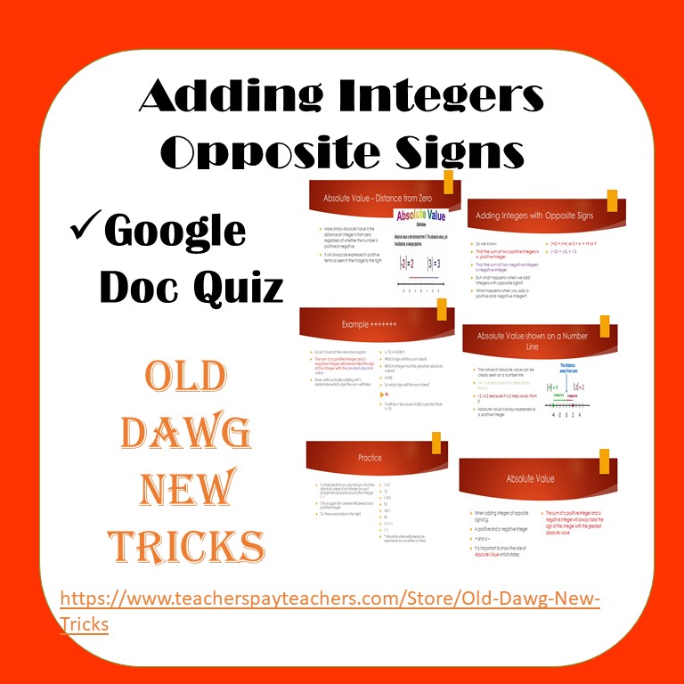 Adding Integers Opposite Signs Google Doc Quiz