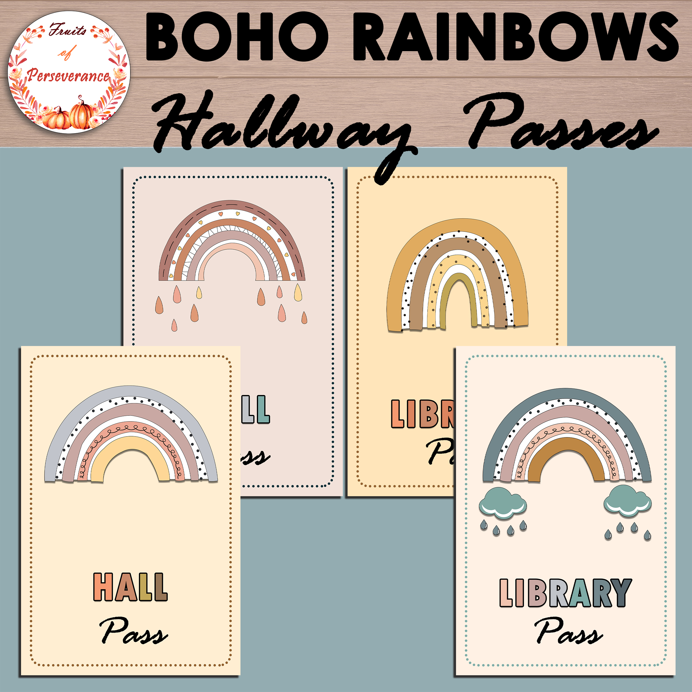Hall and Restroom Passes Boho Rainbow Theme | Made By Teachers