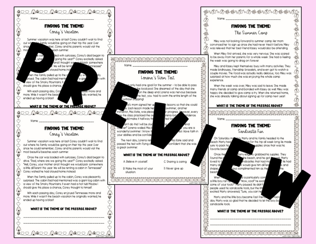 Finding the Theme of a Story | Teaching Theme Worksheets | Summer