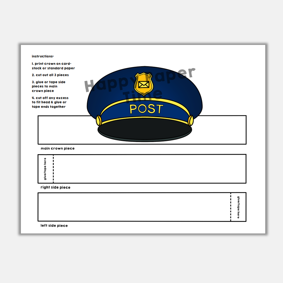 Postman Mail Carrier Hat Cap Paper Crown Printable Costume Craft ...