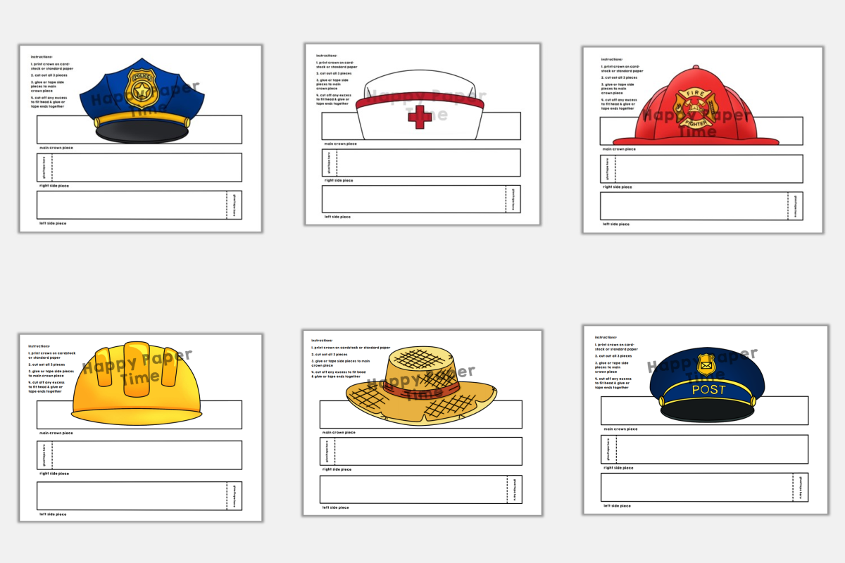 Community Helpers Paper Hats Career Day Printable Paper Coloring Craft 