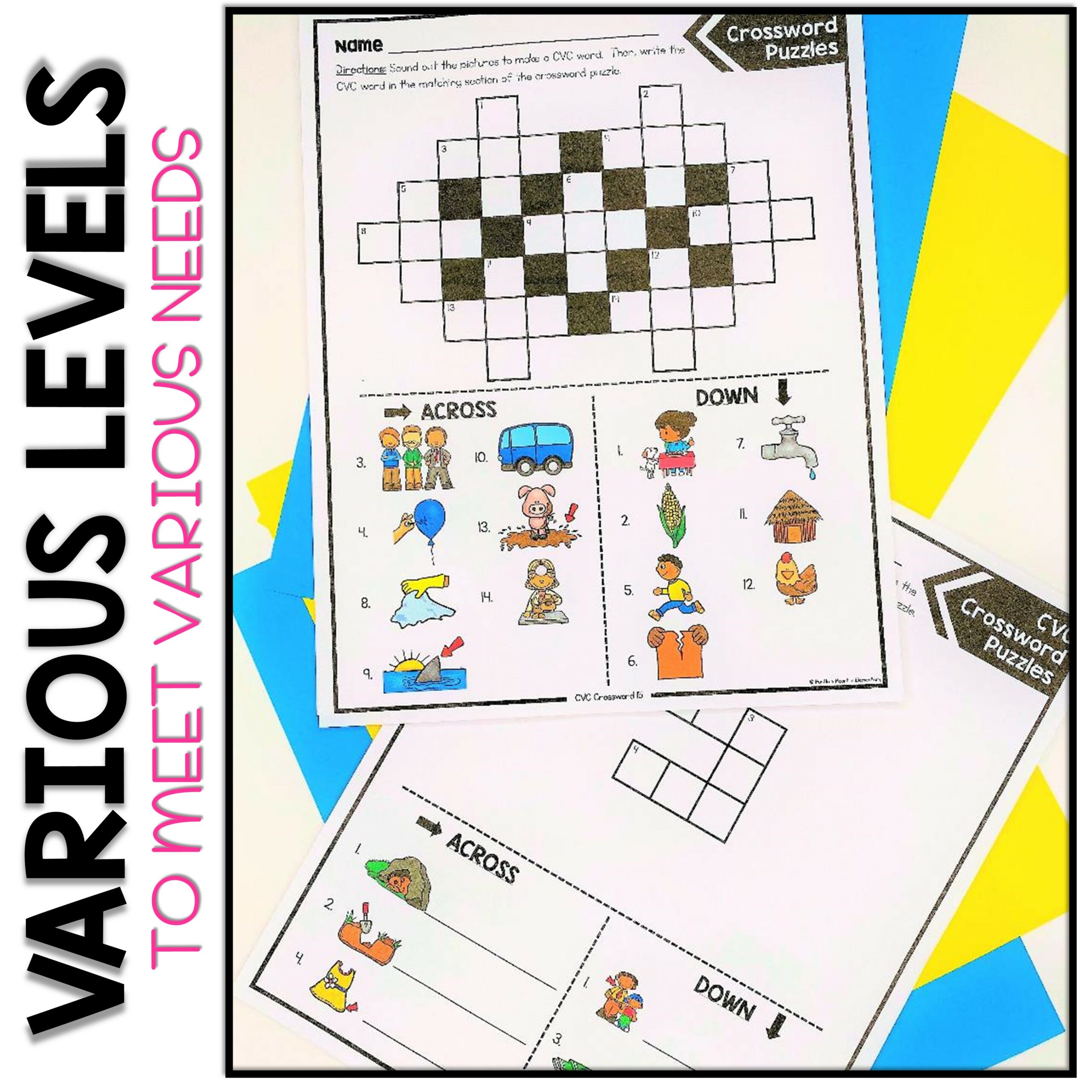 CVC Words Worksheets Crossword Puzzles for Kindergarten and First