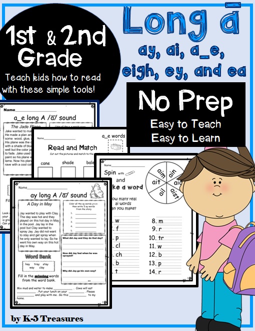 Phonics / Long A Words: AY AI A_E EIGH EY and EA printable worksheet