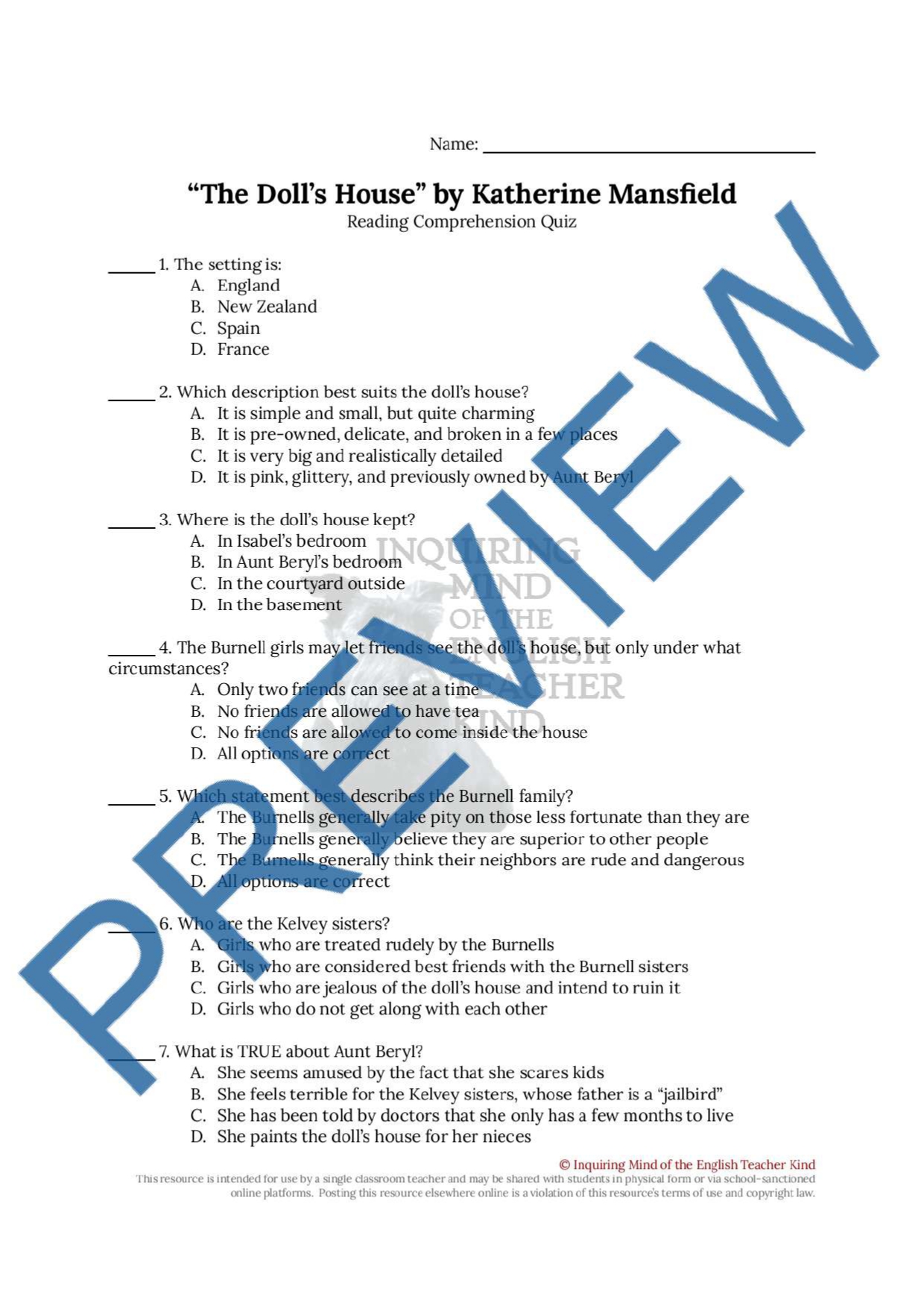 "The Doll's House" by Katherine Mansfield Quiz and Answer Key Made By