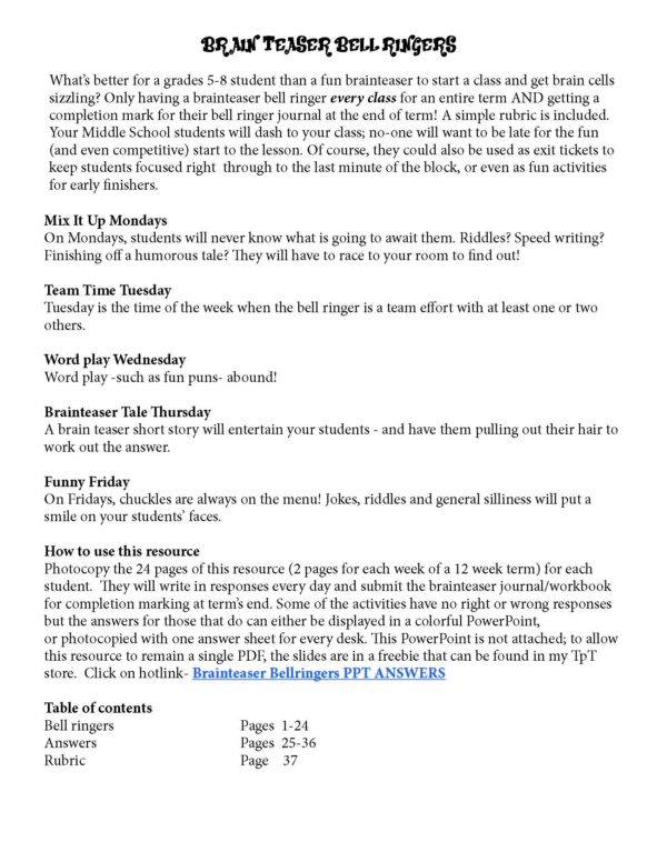 BELLRINGERS BRAIN TEASER ELA JOURNAL: 12 WEEKS OF MYSTERIES &PUZZLES ...