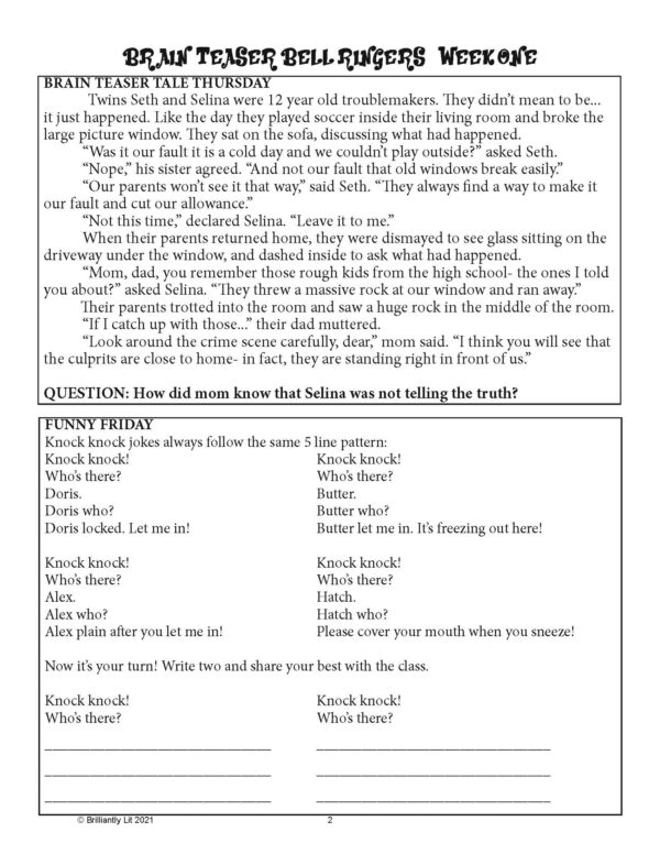BELLRINGERS BRAIN TEASER ELA JOURNAL: 12 WEEKS OF MYSTERIES &PUZZLES ...