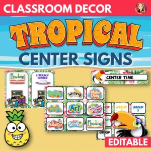 Classroom Center Labels in Tropical Theme