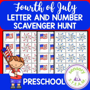 FOURTH OF JULY Letter and Number Scavenger Hunt for Preschool printable