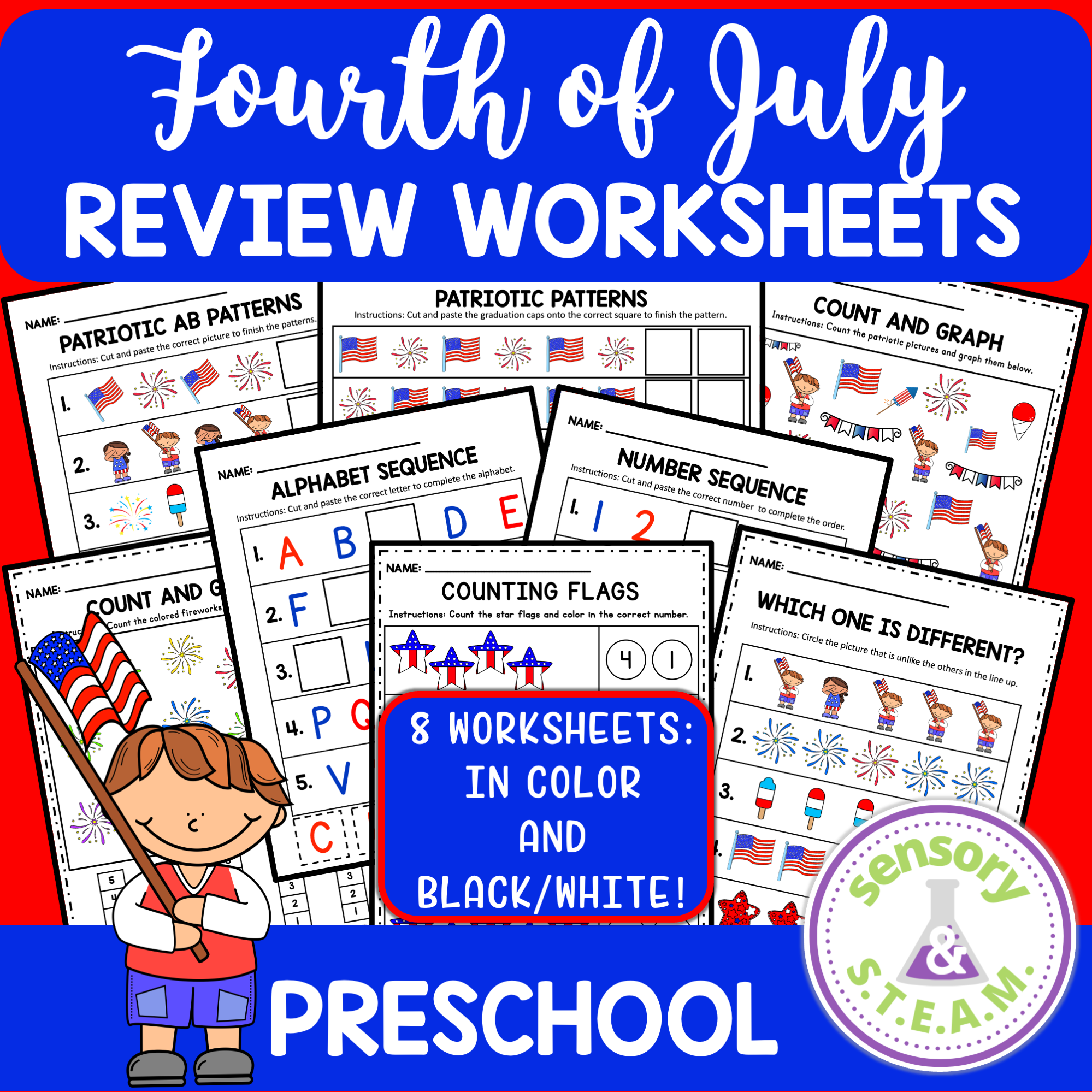 FOURTH OF JULY Worksheets for Preschool | patterns counting graph cutting