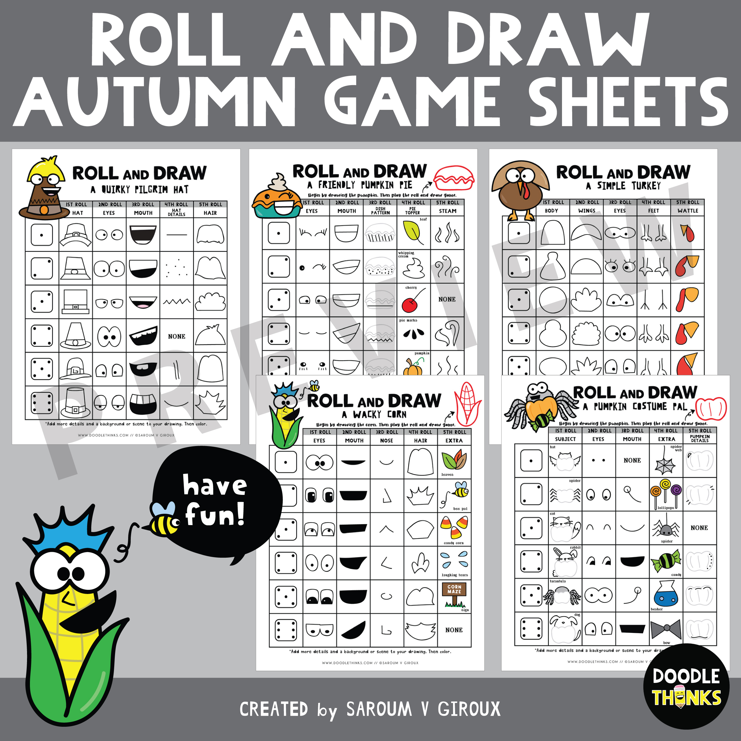 Quirky Autumn Fun Roll and Draw Game Sheets Group and Independent