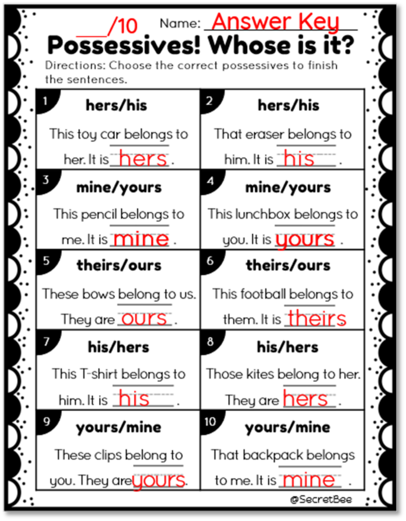 Possessives Centers Assessment Made By Teachers