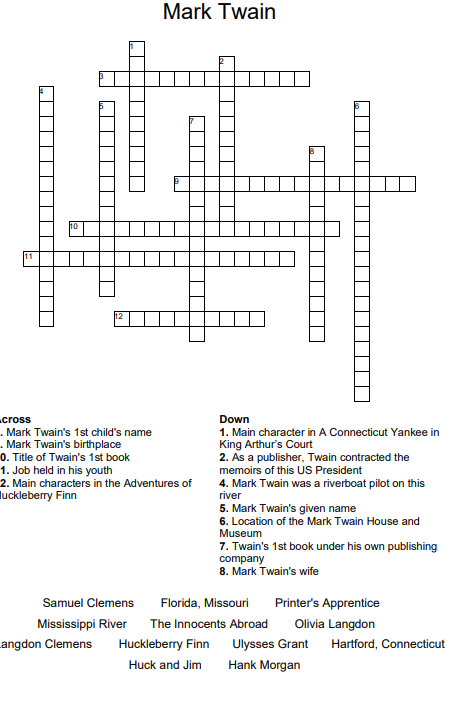 Mark Twain - Author Study Crossword Puzzle and Word Search | Made By  Teachers