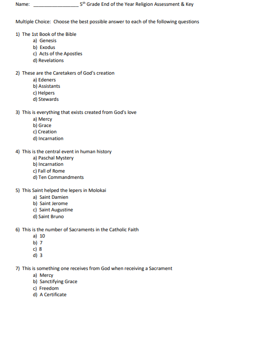 5th Grade End Of The Year Or Beginning Of The Year Religion Test Made 