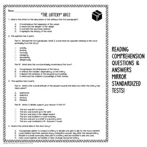 Shirley Jackson The Lottery Quiz Reading Comprehension Questions Test ...