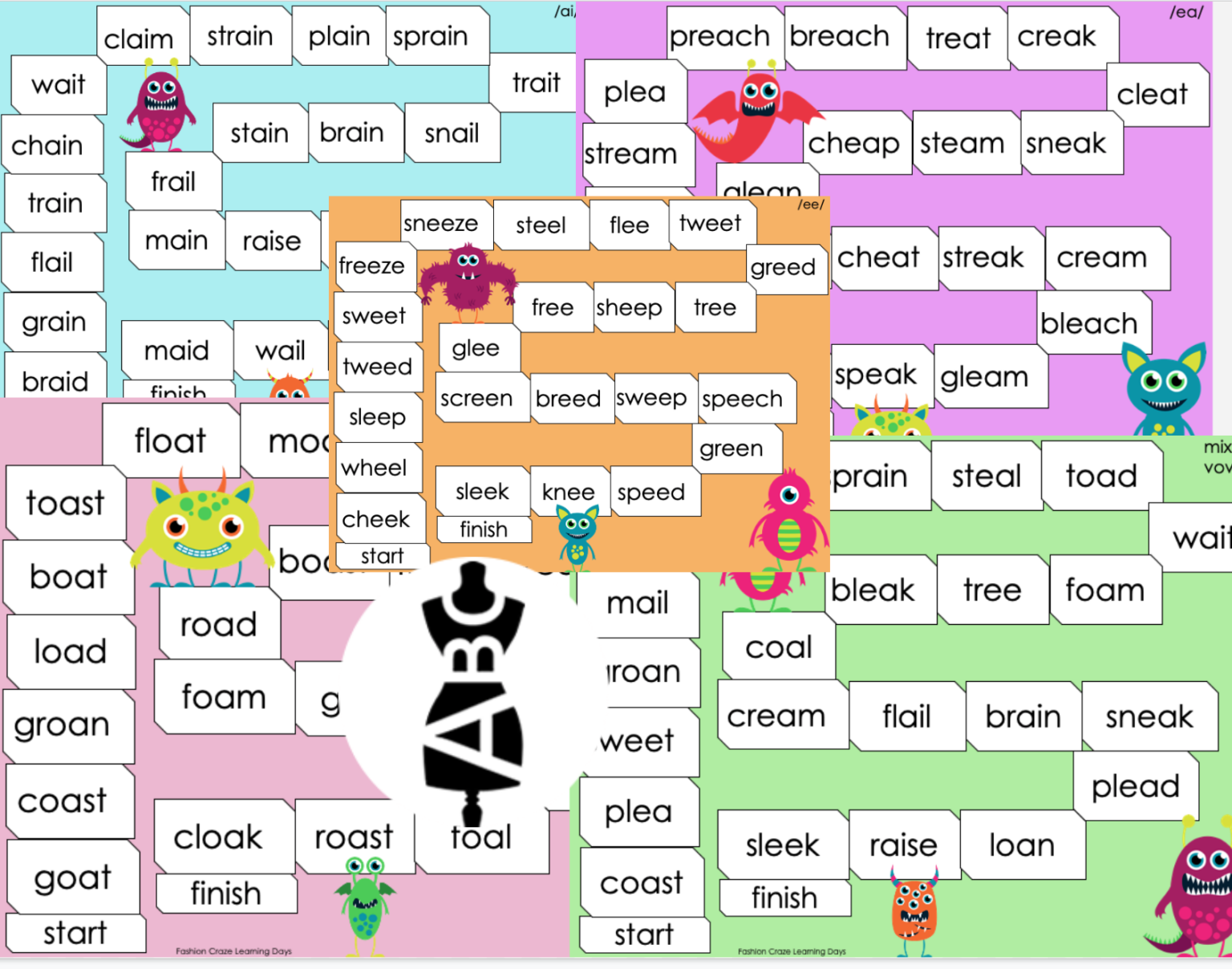 Long Vowel Games with Beginning Blends, Digraphs, ai, ea, ee and oa