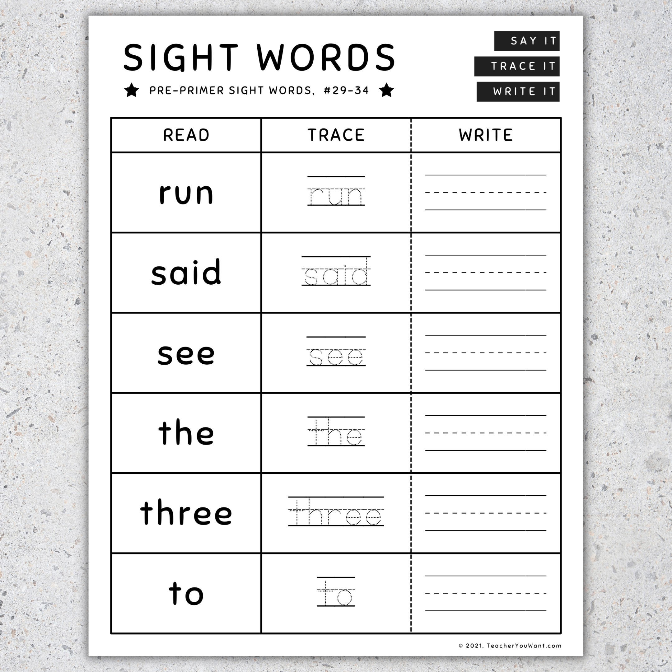 Pre primer Sight Words Pre K Read Trace And Write Worksheets SET 4