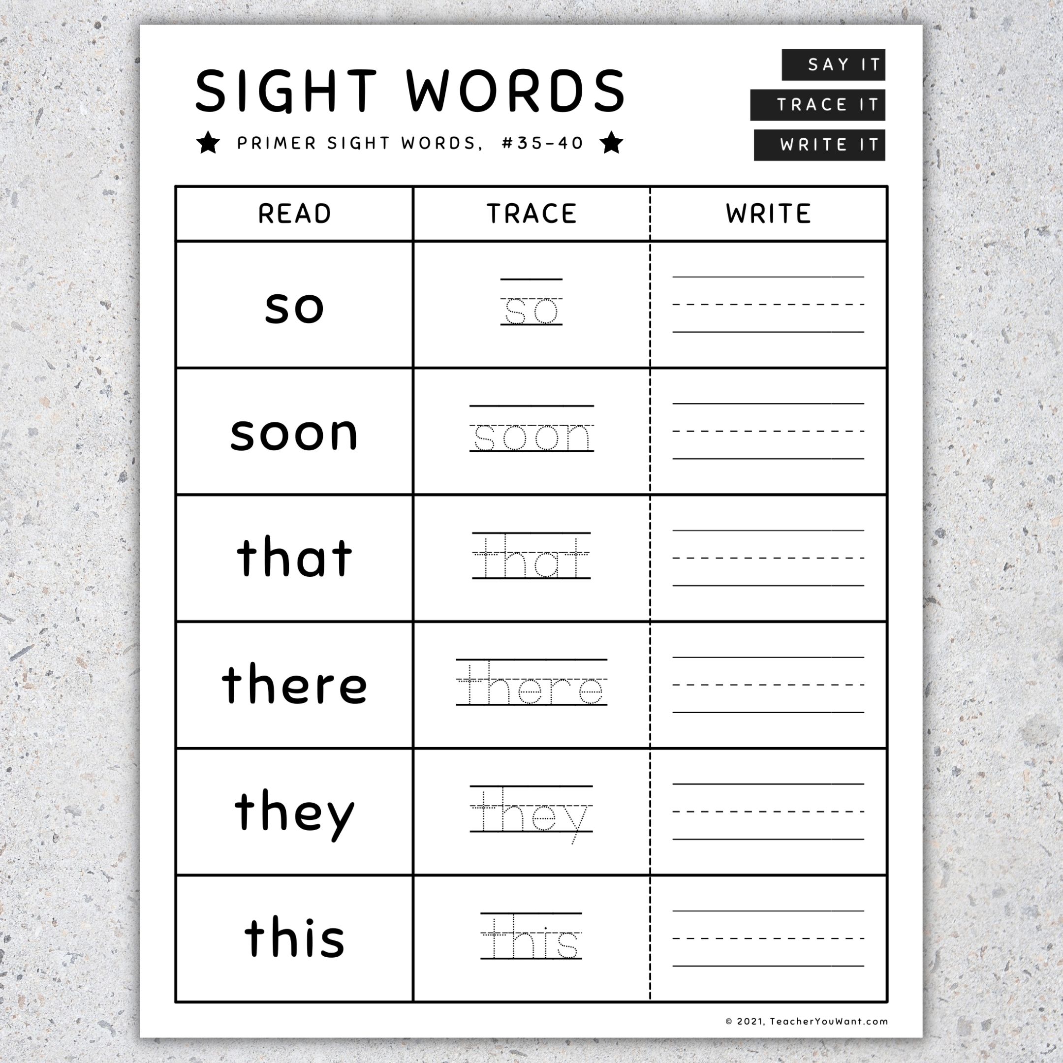 Primer Sight Words: Kindergarten Read, Trace and Write Worksheets, [SET 4]  - Made By Teachers