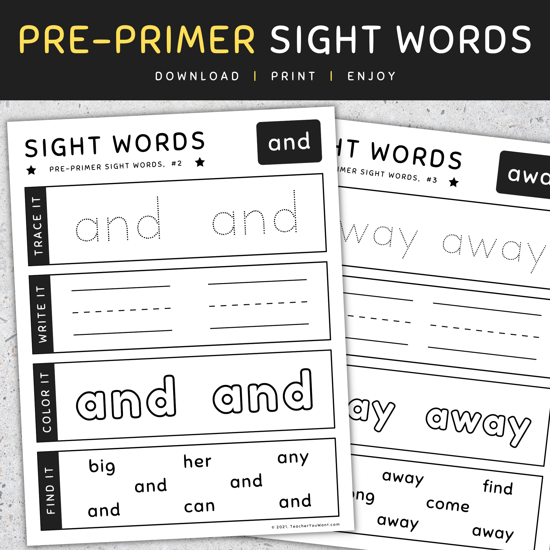 Pre Primer Sight Words Trace Write Color Find It Worksheets SET