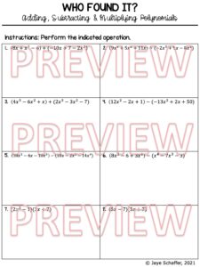 Adding, Subtracting and Multiplying Polynomials Clue Mystery Activity ...