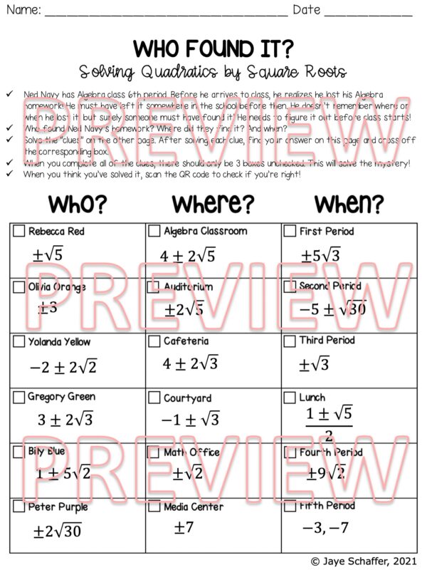 Solving quadratics by square roots clue mystery activity made by teachers