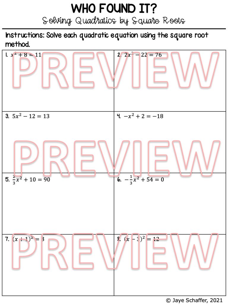 Solving quadratics by square roots clue mystery activity made by teachers