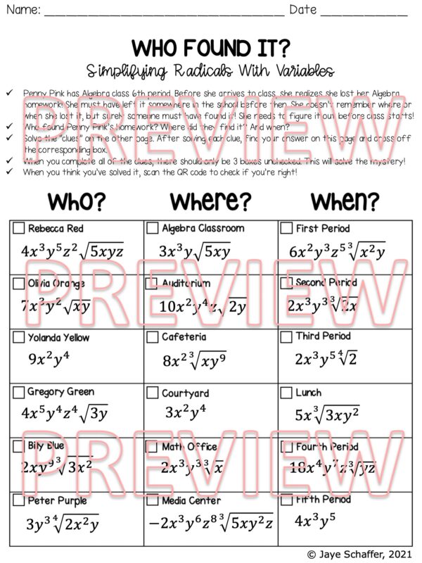 Simplifying Radicals With Variables Clue Mystery Activity Made By Slide1 3 600x800